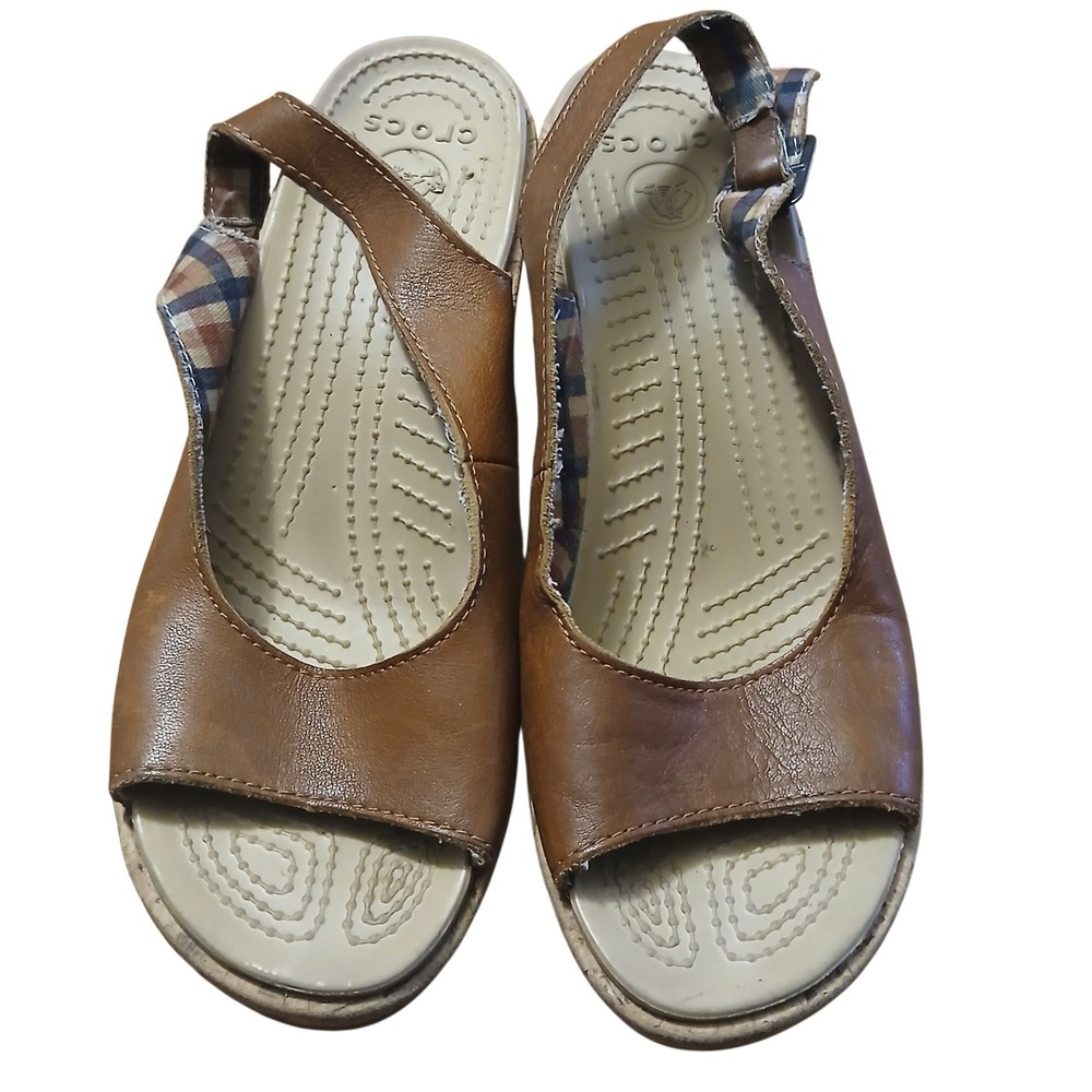 Crocs Womens Brown Leather Cork Wedge Peep Toe Slingback Sandals Plaid Lining 9W